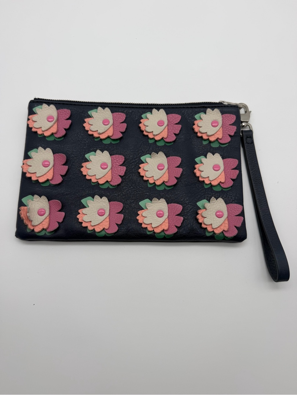 Fossil Navy Blue Floral Appliqué Wristlet Clutch Pouch Zipper Bag